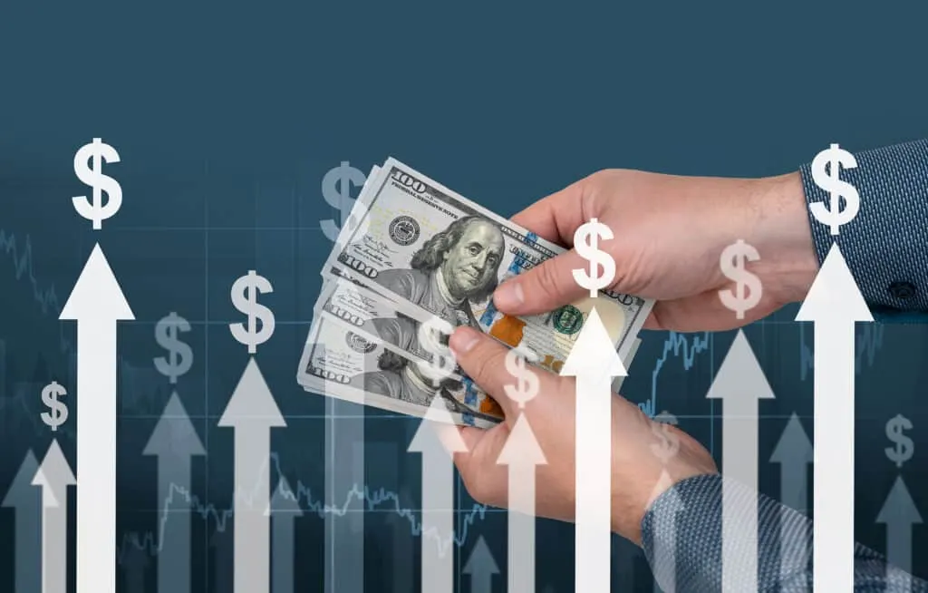 $100 USD American dollars with arrows and dollar signs